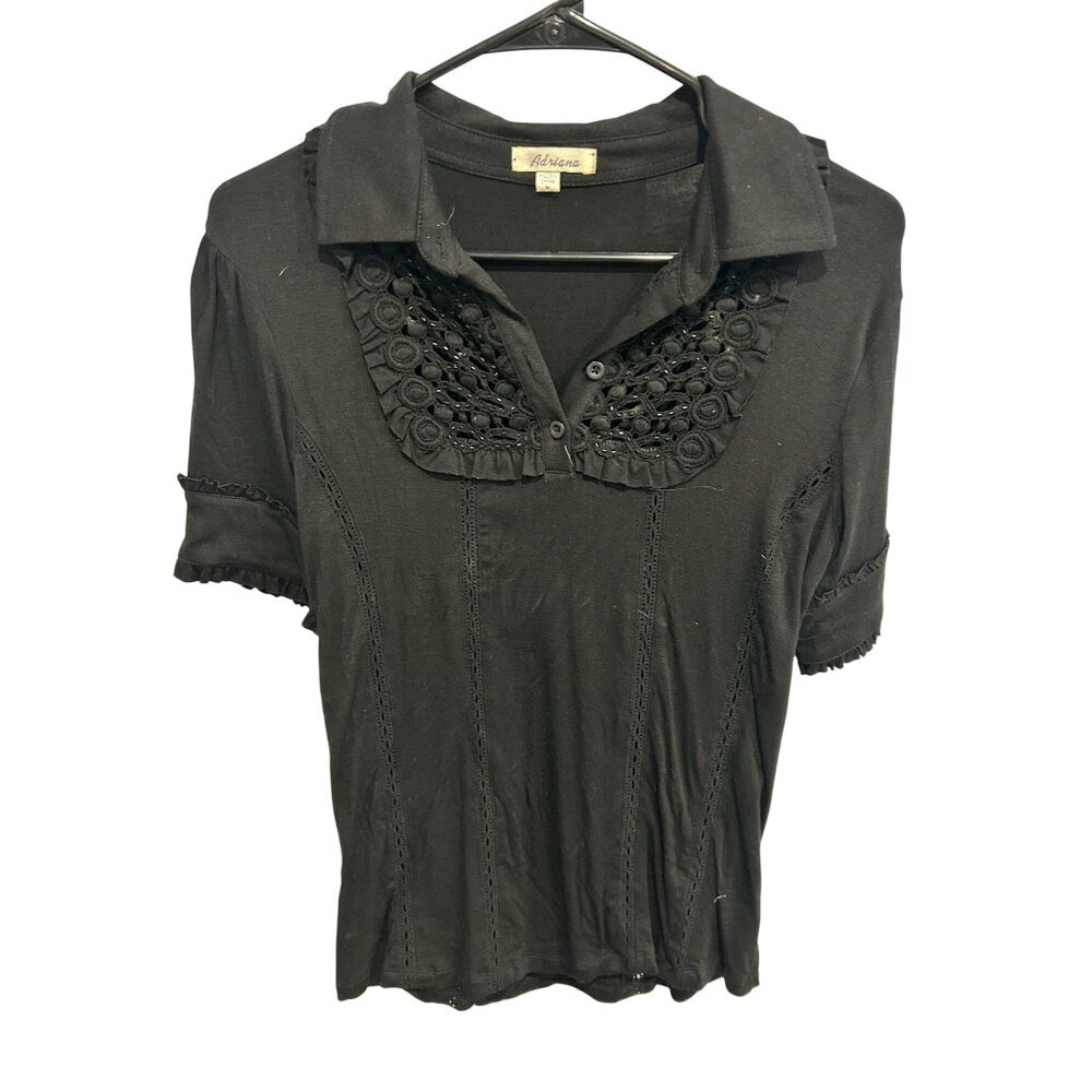 Vintage Adriana Lace Short Sleeve Polo Shirt Black Sz Medium Beaded Ruffle Retro